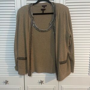 Vintage Escada Beige Two-Piece Beaded Trim Sweater Set